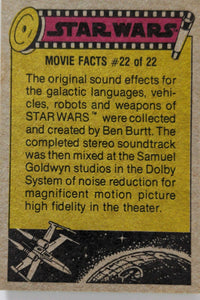 Vintage 1977 Star Wars trading card by Go Figment featuring movie facts about sound effects and Dolby stereo mix.