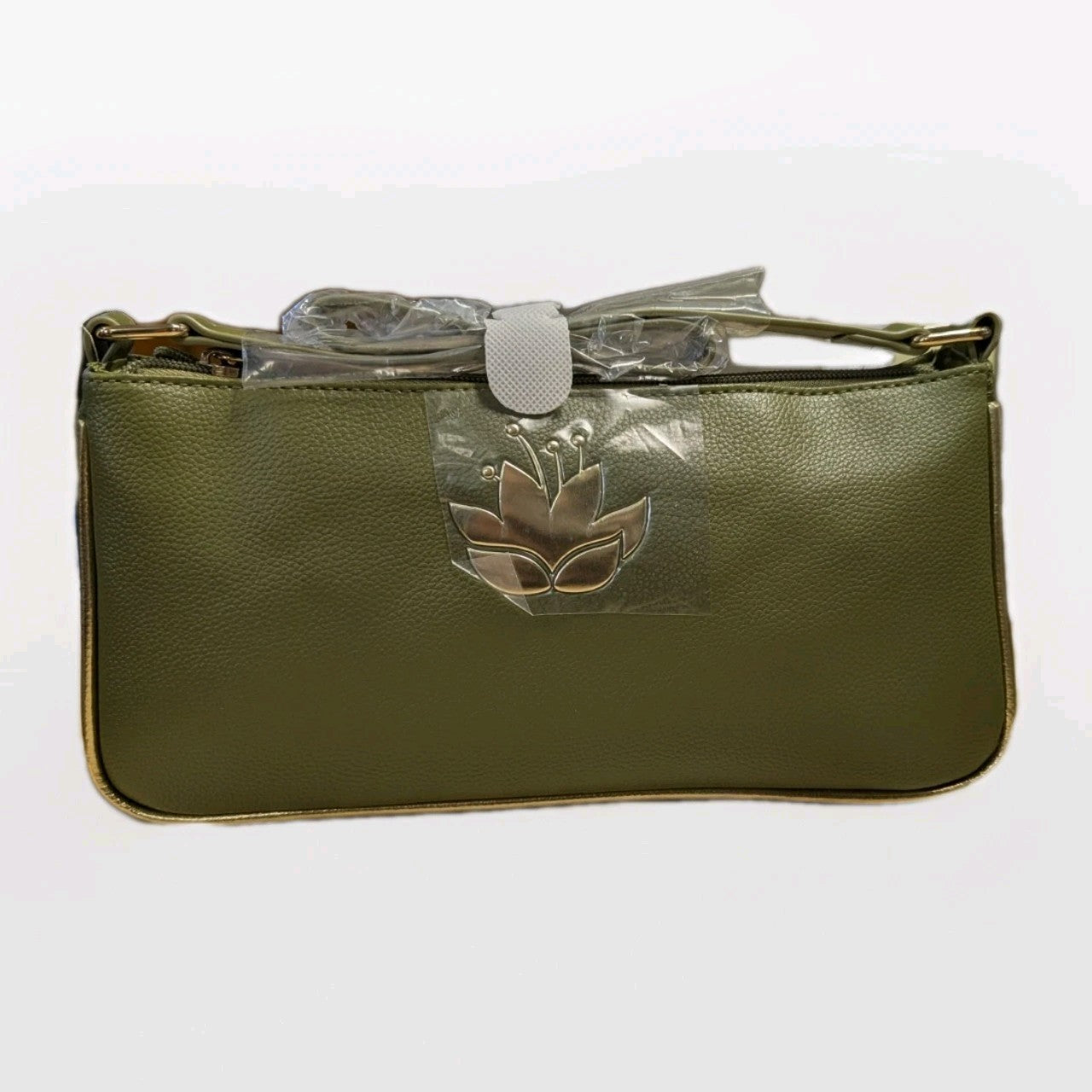 DANIELLE NICOLE olive green shoulder bag with lotus flower metal emblem and wrapped strap in protective packaging