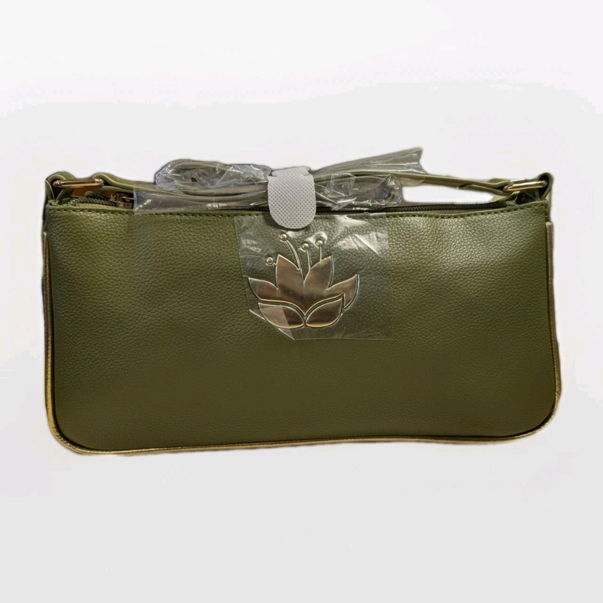 DANIELLE NICOLE olive green shoulder bag with lotus flower metal emblem and wrapped strap in protective packaging