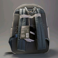 Back view of Loungefly Godzilla Mechagodzilla full-size backpack with padded straps and attached product tags visible