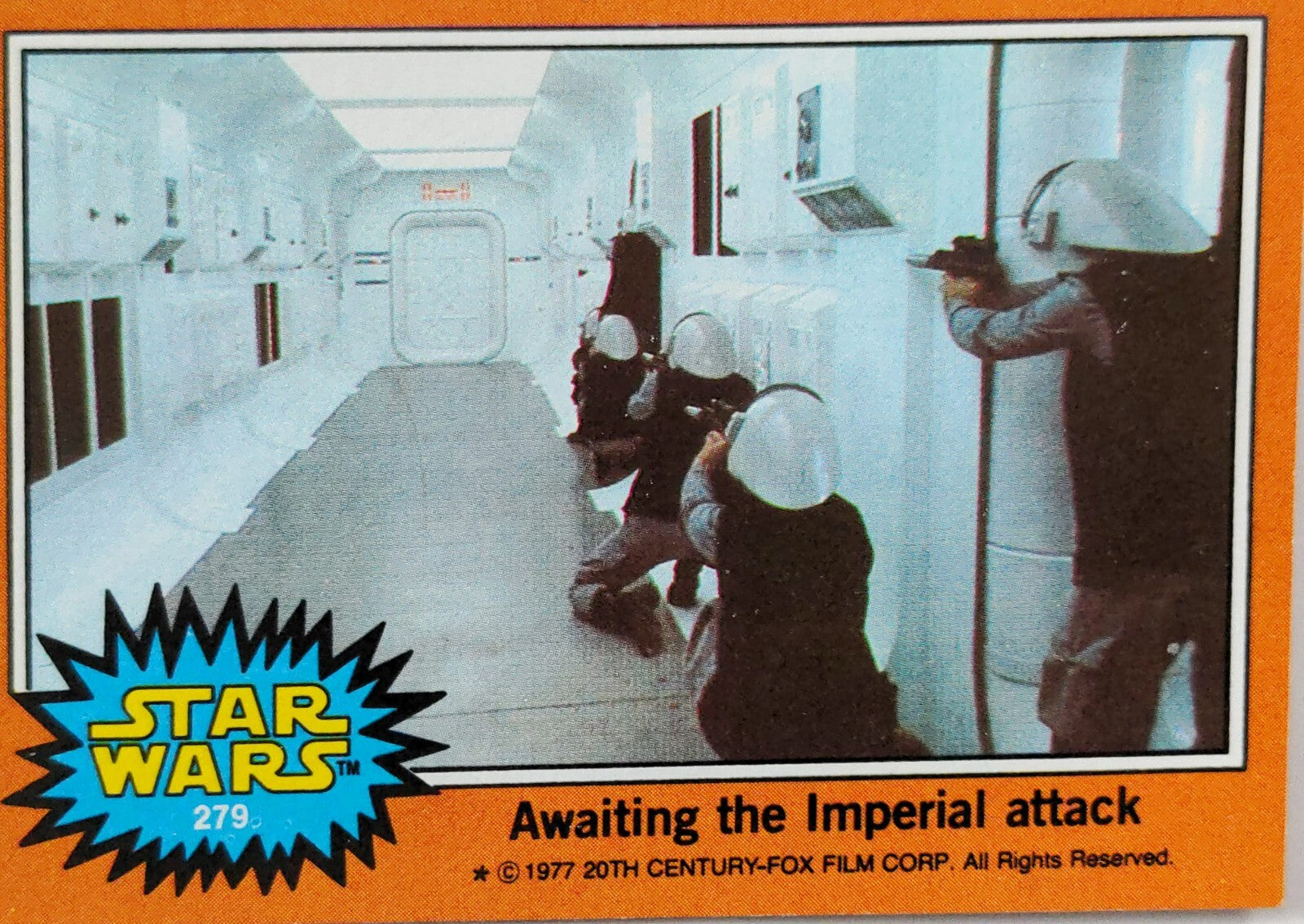 Vintage 1977 Go Figment Star Wars trading card showing rebels ready for an Imperial attack in a spaceship corridor