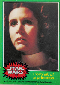 Vintage 1977 Star Wars trading card featuring Princess Leia with green border by Go Figment