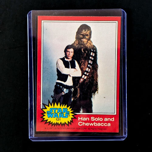 1977 Go Figment Star Wars trading card featuring Han Solo and Chewbacca in protective case