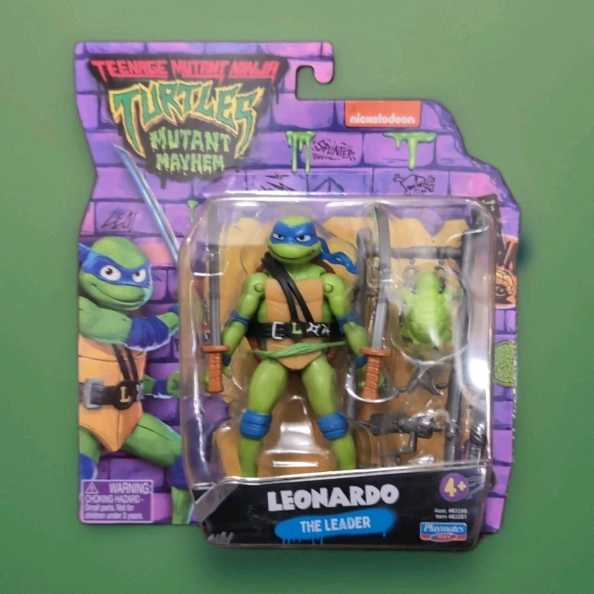 Teenage Mutant Ninja Turtles Leonardo action figure by Playmates Toys with swords and accessories in Mutant Mayhem packaging