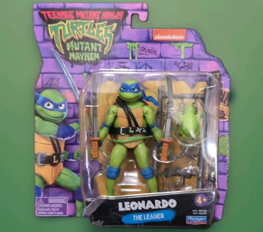 Teenage Mutant Ninja Turtles Leonardo action figure by Playmates Toys with swords and accessories in Mutant Mayhem packaging