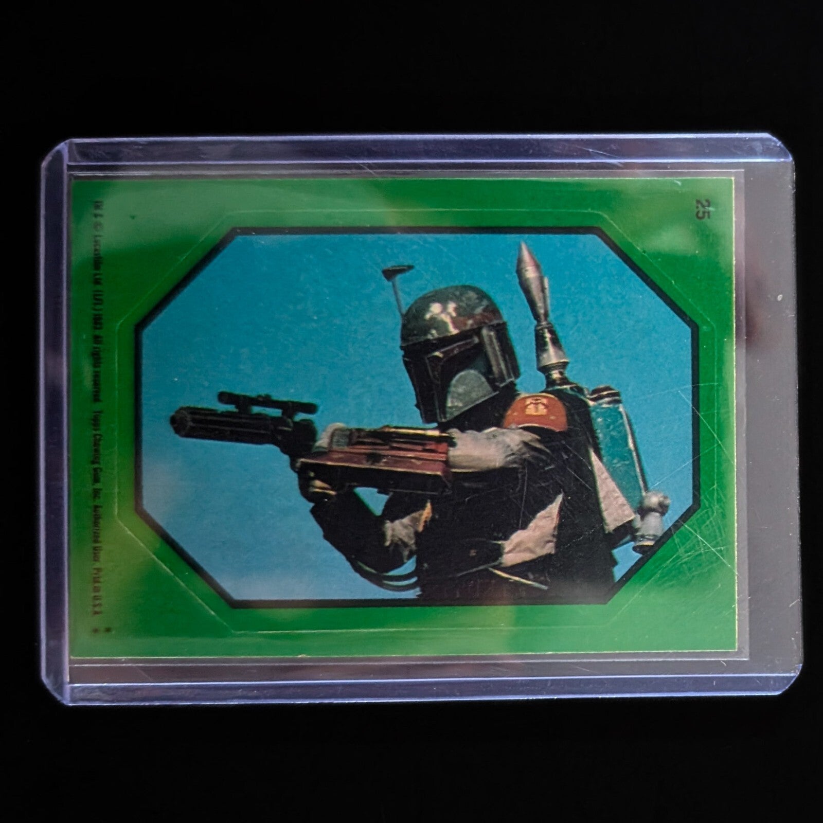 1983 Topps Return of the Jedi Boba Fett green border sticker card in protective case by Go Figment