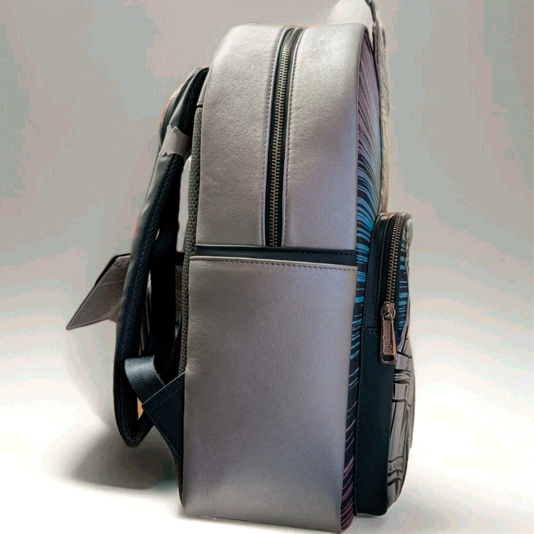 Side profile of Loungefly full-size backpack with metallic silver finish and black adjustable straps