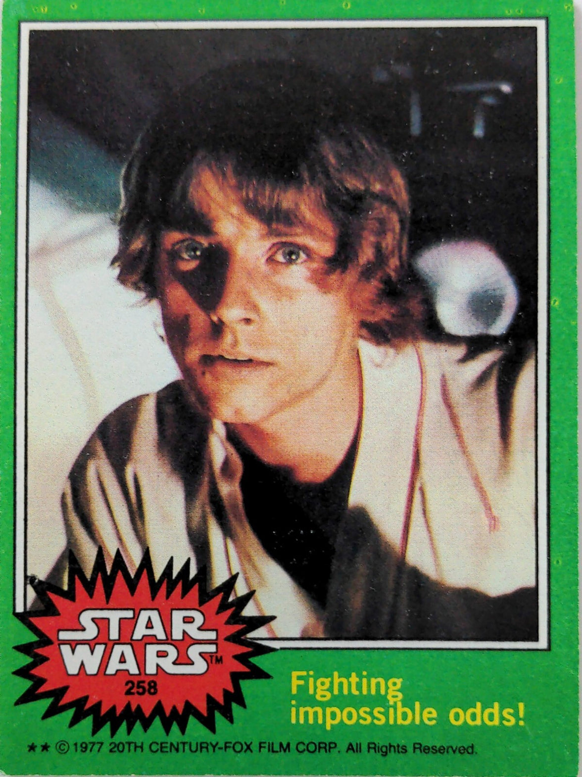 1977 Go Figment Star Wars trading card featuring Luke Skywalker with green border and vintage design