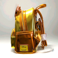 Side view of Loungefly mini backpack in metallic gold and bronze with Disney and Loungefly label on front pocket