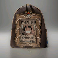 Loungefly mini backpack front view with Monkey D. Luffy wanted poster design on brown faux leather