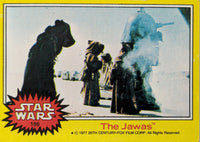 Vintage Star Wars trading card 186 The Jawas with image of hooded figures and droid on yellow border
