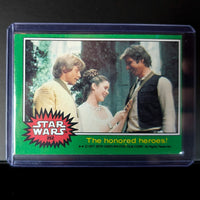 1977 Go Figment Star Wars trading card featuring Luke Skywalker, Princess Leia, and Han Solo in Green Series 4