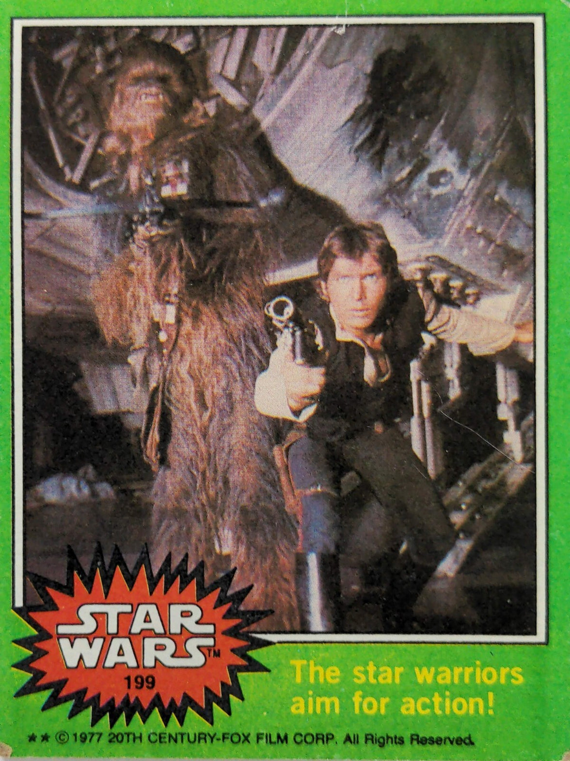 1977 Go Figment Star Wars trading card featuring Han Solo and Chewbacca ready for action