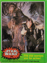 1977 Go Figment Star Wars trading card featuring Han Solo and Chewbacca ready for action
