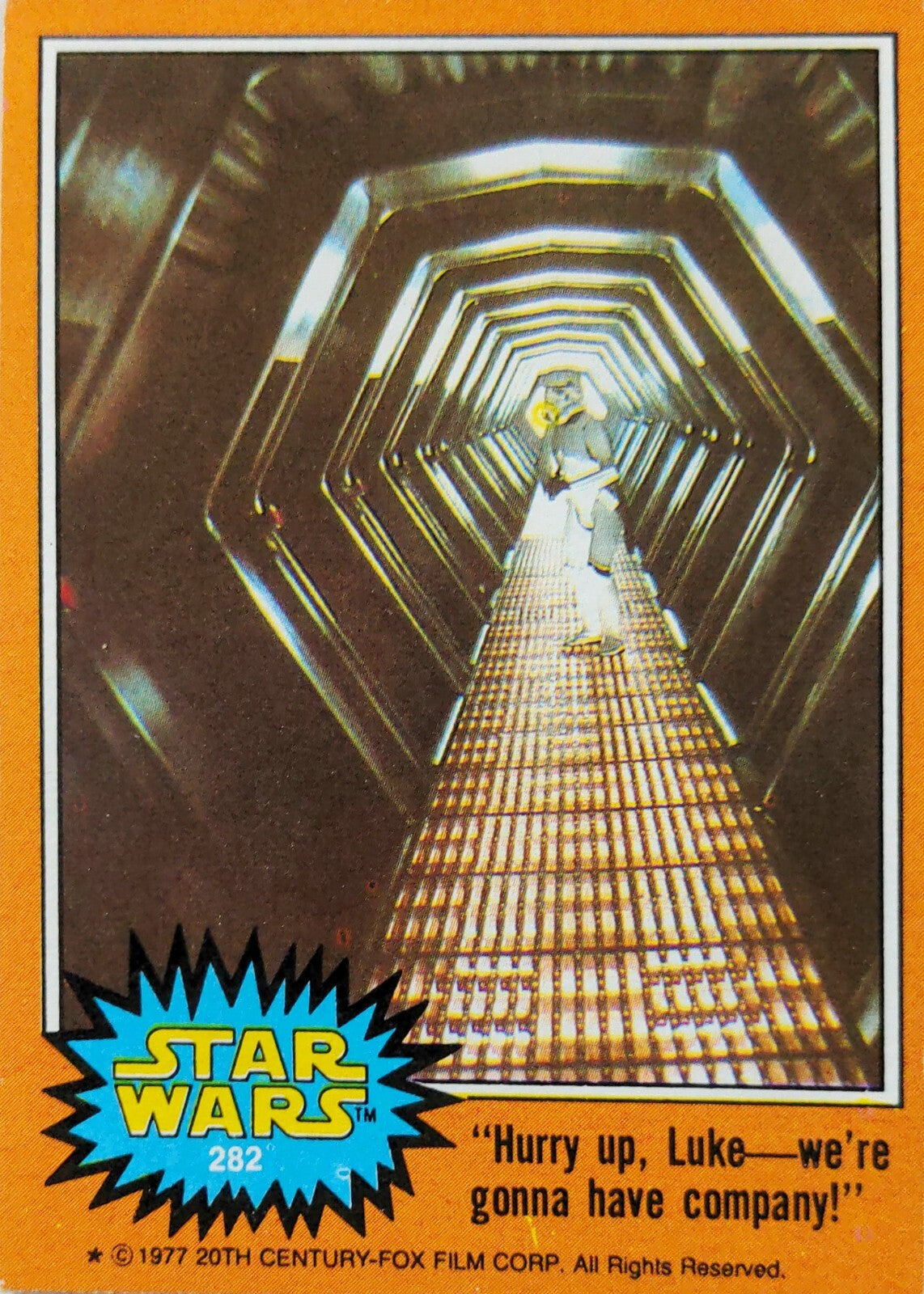 1977 Go Figment Star Wars trading card showing Luke in metallic corridor with orange border and vintage design