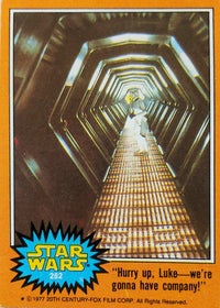 1977 Go Figment Star Wars trading card showing Luke in metallic corridor with orange border and vintage design