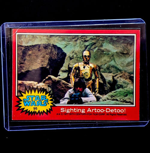 1977 Star Wars trading card featuring C-3PO and Luke Skywalker scene, vintage collectible by Go Figment