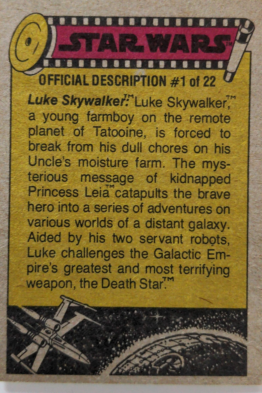 Vintage Star Wars card with official description of Luke Skywalker and Death Star plot summary
