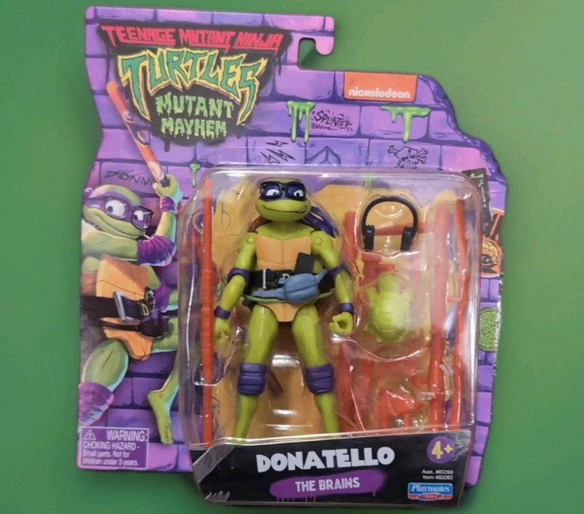 Donatello action figure from Teenage Mutant Ninja Turtles Mutant Mayhem by Playmates Toys with accessories in packaging