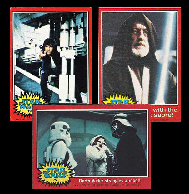 1977 Topps Star Wars trading cards featuring Han Solo, Obi-Wan Kenobi, and Darth Vader, sold by Go Figment