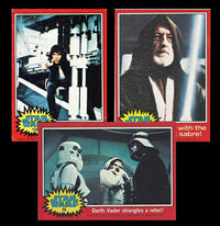 1977 Topps Star Wars trading cards featuring Han Solo, Obi-Wan Kenobi, and Darth Vader, sold by Go Figment