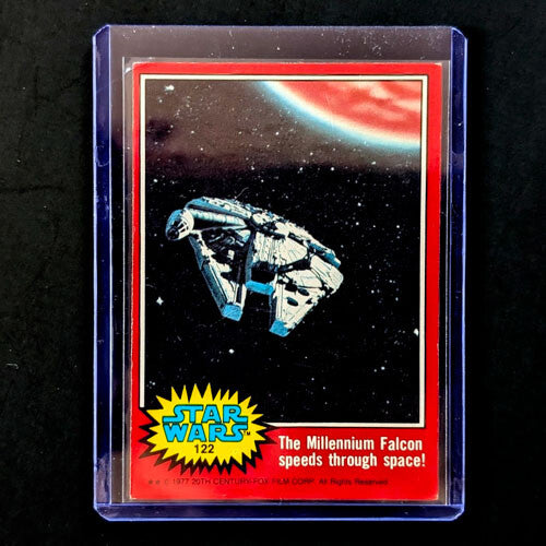 1977 Go Figment Star Wars trading card featuring the Millennium Falcon speeding through space red series two