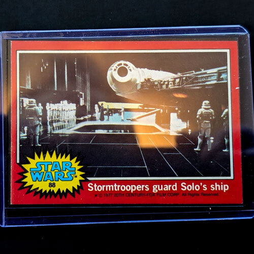 1977 Topps Star Wars trading card showing Stormtroopers guarding Solo’s ship from Go Figment vintage collection