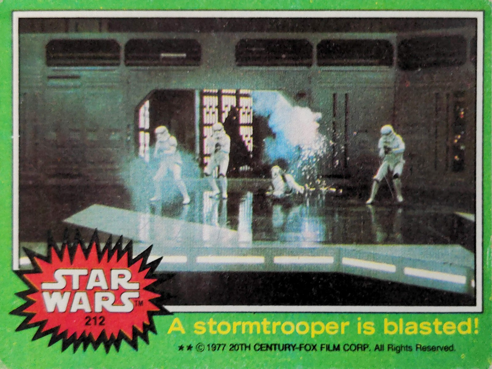 1977 Go Figment Star Wars trading card showing stormtroopers in action during a blast scene from the Green Series 4 collection