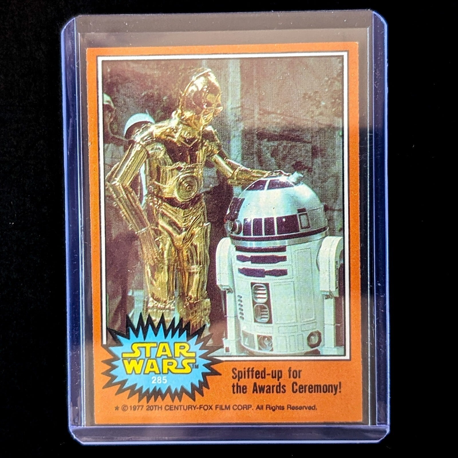 Vintage 1977 Go Figment Star Wars trading card featuring C-3PO and R2-D2 from Orange Series 4 set