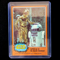 Vintage 1977 Go Figment Star Wars trading card featuring C-3PO and R2-D2 from Orange Series 4 set