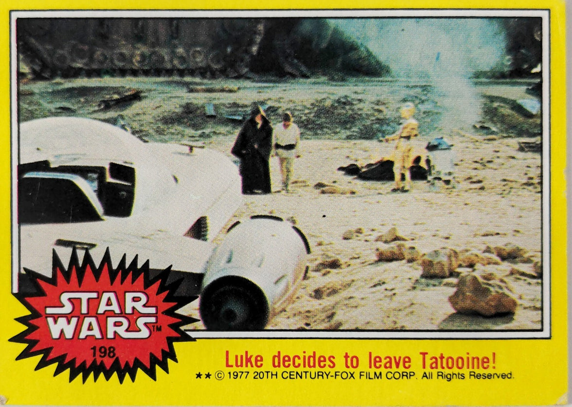 Star Wars trading card 198 showing Luke Skywalker deciding to leave Tatooine with yellow border and film credits