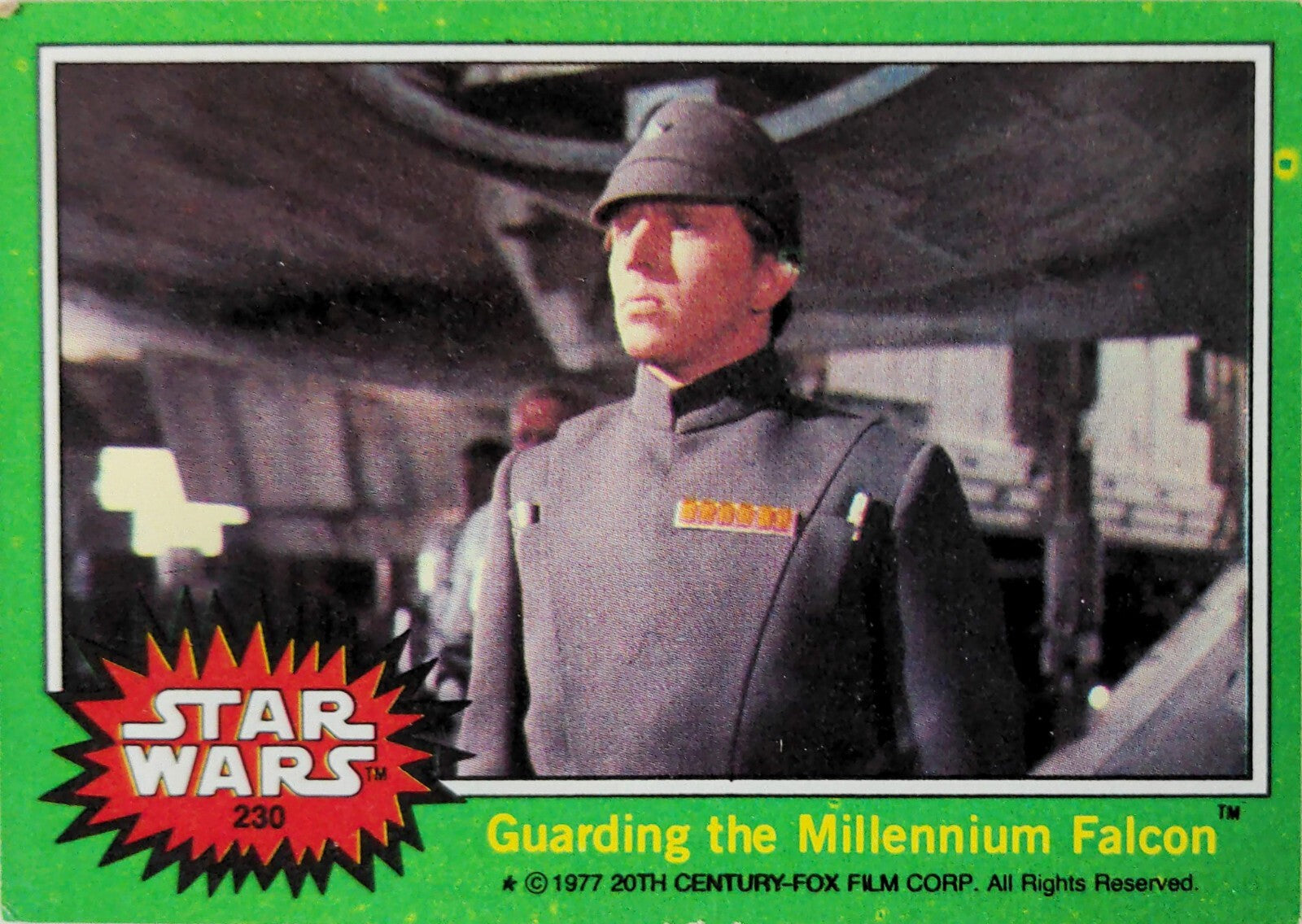 1977 Go Figment Star Wars trading card featuring an officer guarding the Millennium Falcon from the Green Series 4 collection
