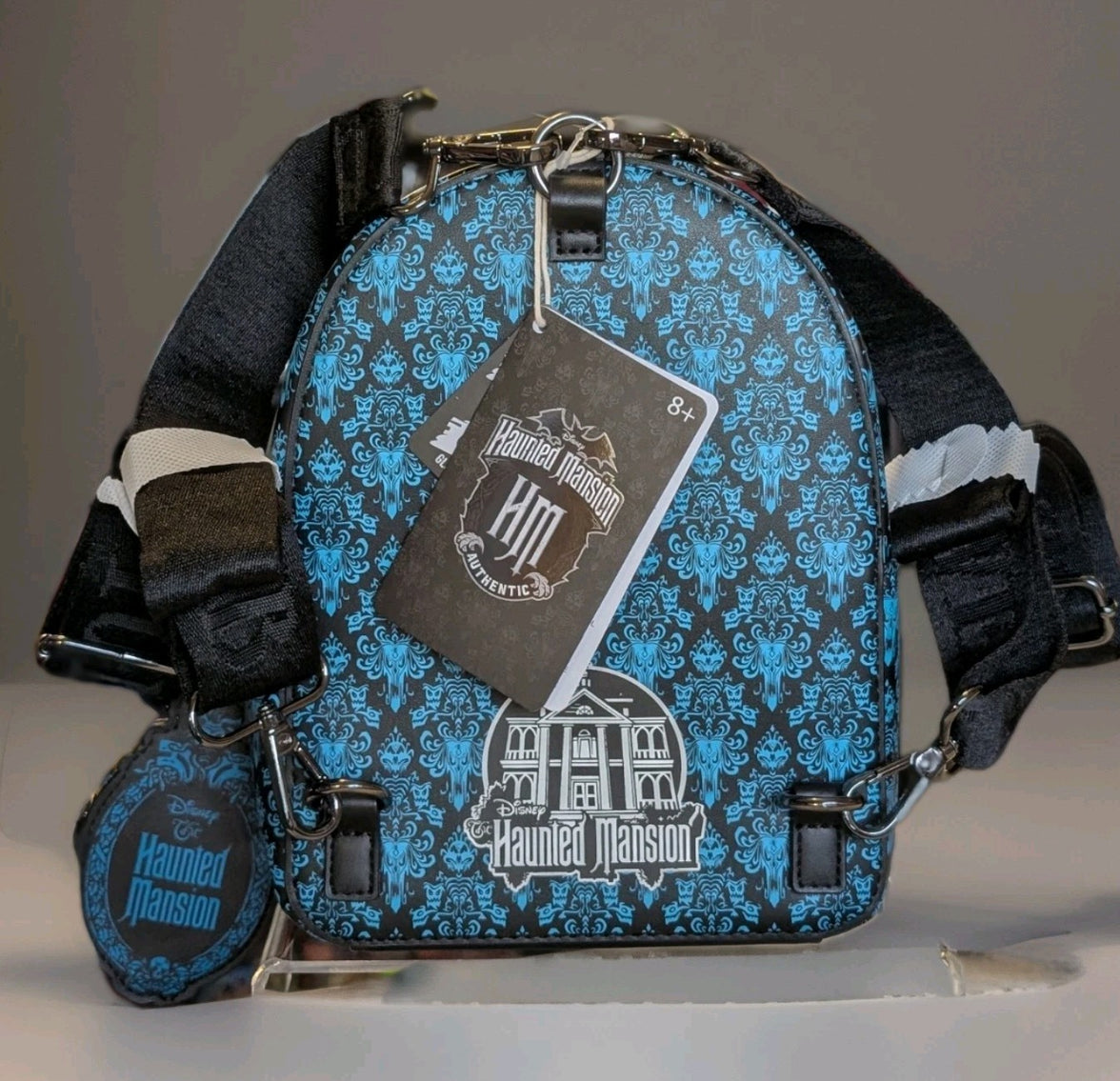 Loungefly Disney Haunted Mansion mini backpack in blue damask pattern with Haunted Mansion logo and black adjustable straps