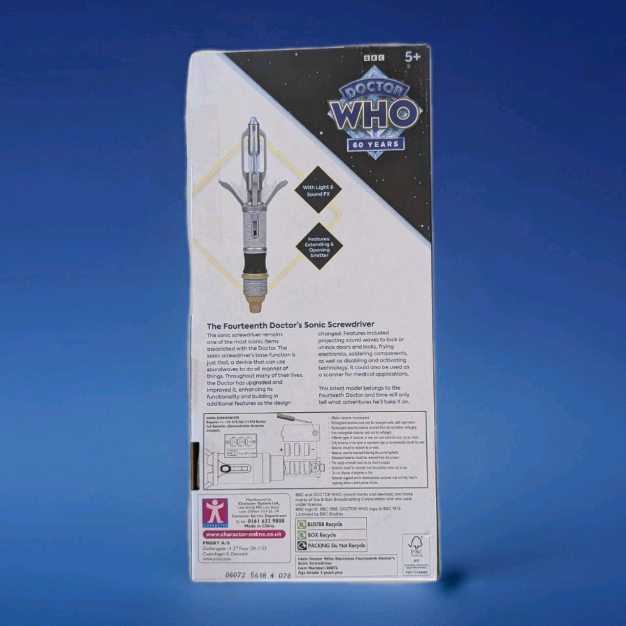 Packaging of the Doctor Who 14th Doctor’s Sonic Screwdriver cosplay prop toy by Character Online BBC against a blue background