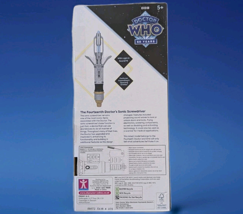 Packaging of the Doctor Who 14th Doctor’s Sonic Screwdriver cosplay prop toy by Character Online BBC against a blue background