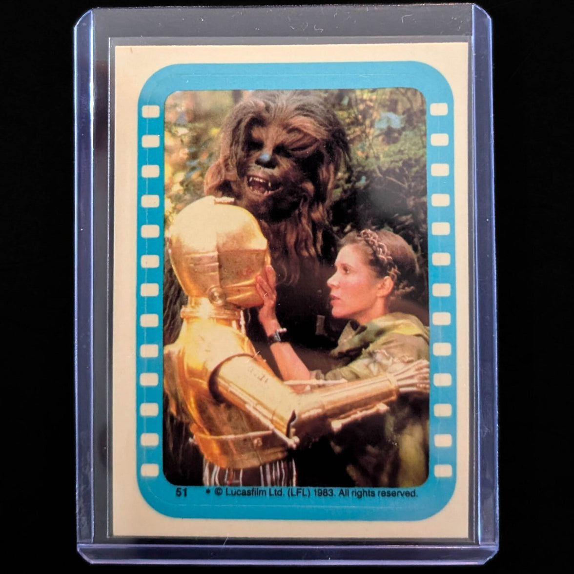 1983 Go Figment vintage Return of the Jedi sticker featuring Chewbacca, Princess Leia, and C-3PO in blue border case