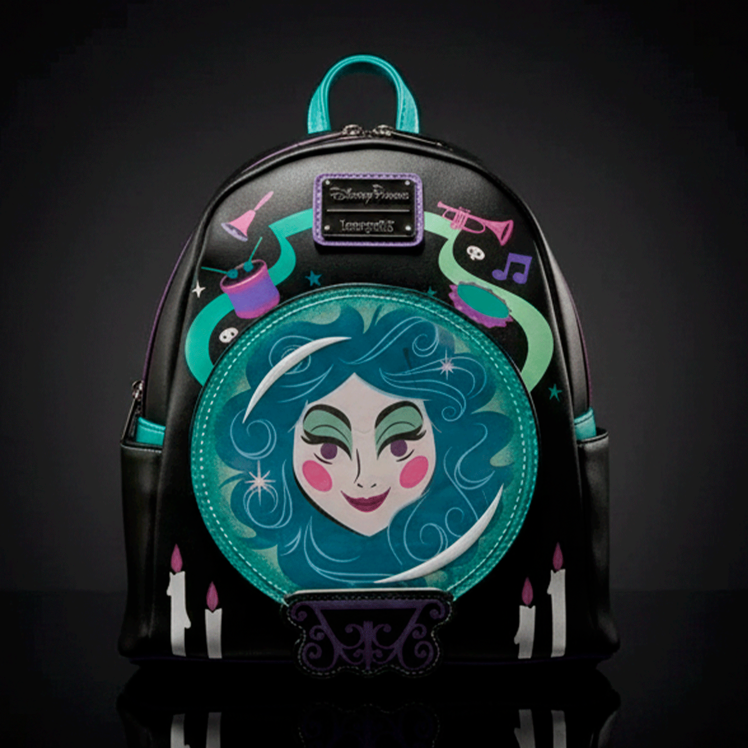 Loungefly mini backpack featuring Haunted Mansion Madame Leota design with teal accents and mystical symbols on black background
