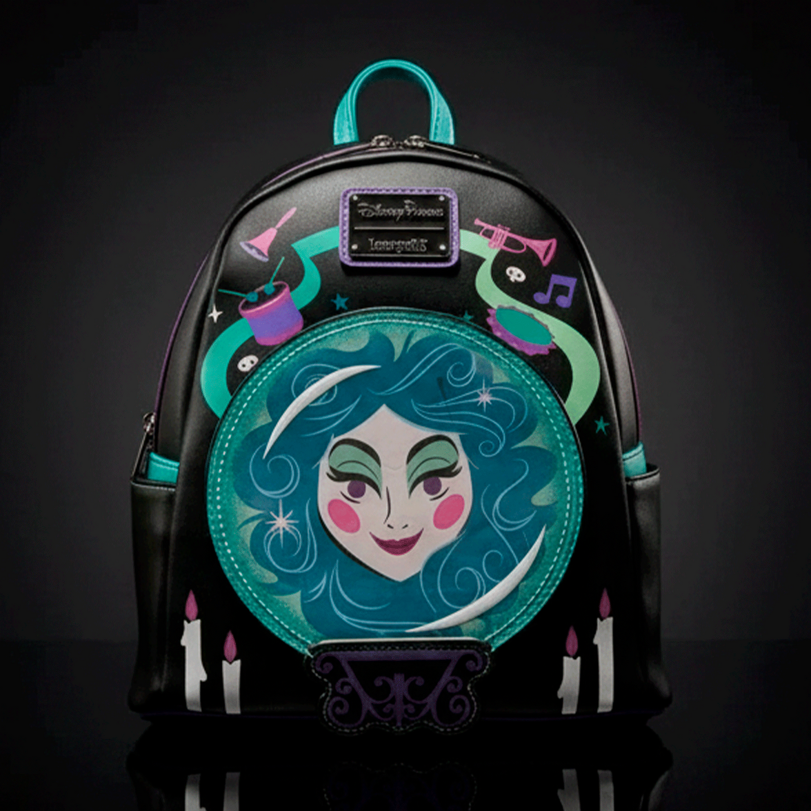 Loungefly mini backpack featuring Haunted Mansion Madame Leota design with teal accents and mystical symbols on black background