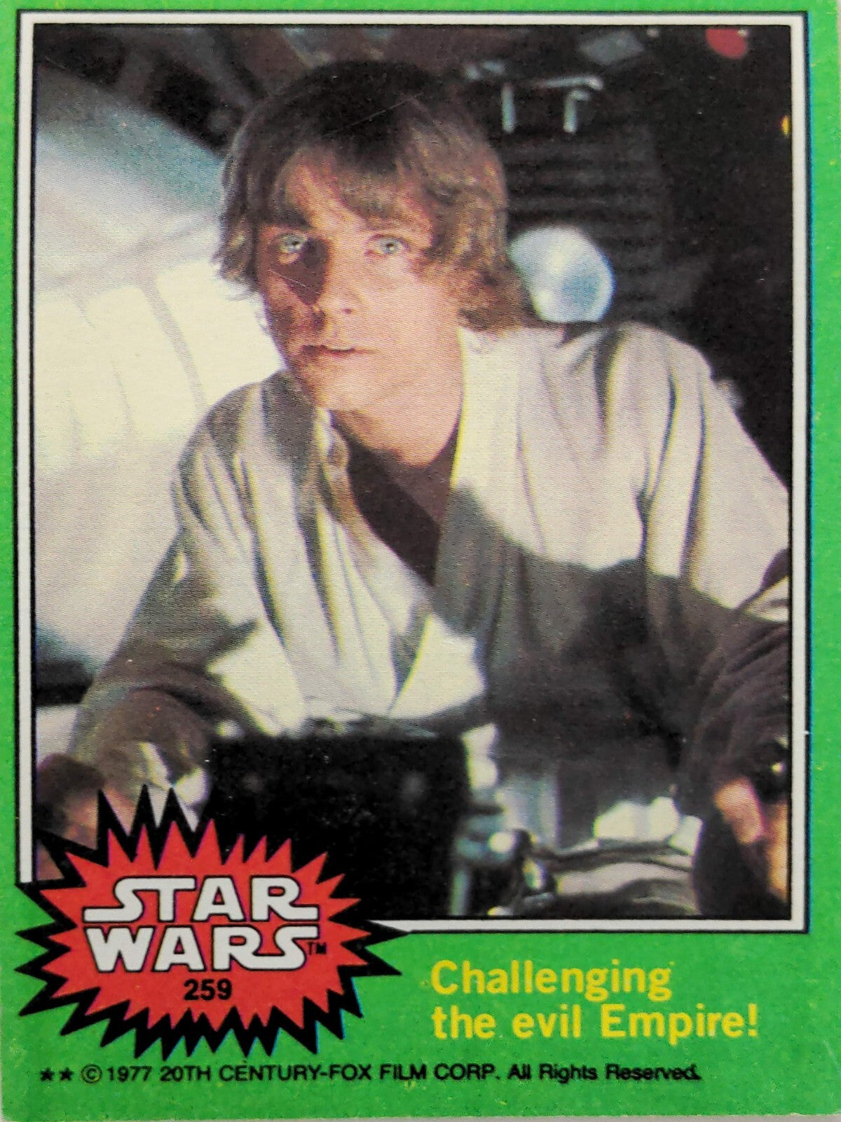 Vintage 1977 Star Wars trading card featuring Luke Skywalker in green border series from Go Figment collection