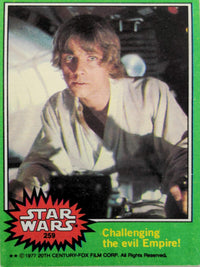 Vintage 1977 Star Wars trading card featuring Luke Skywalker in green border series from Go Figment collection