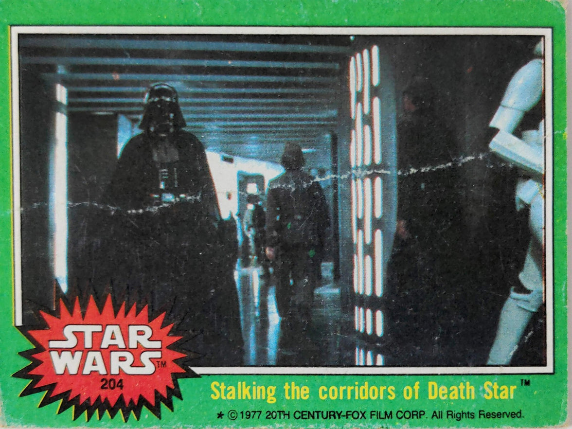 1977 Go Figment Star Wars trading card showing Darth Vader in a Death Star corridor from Topps Green Series 4