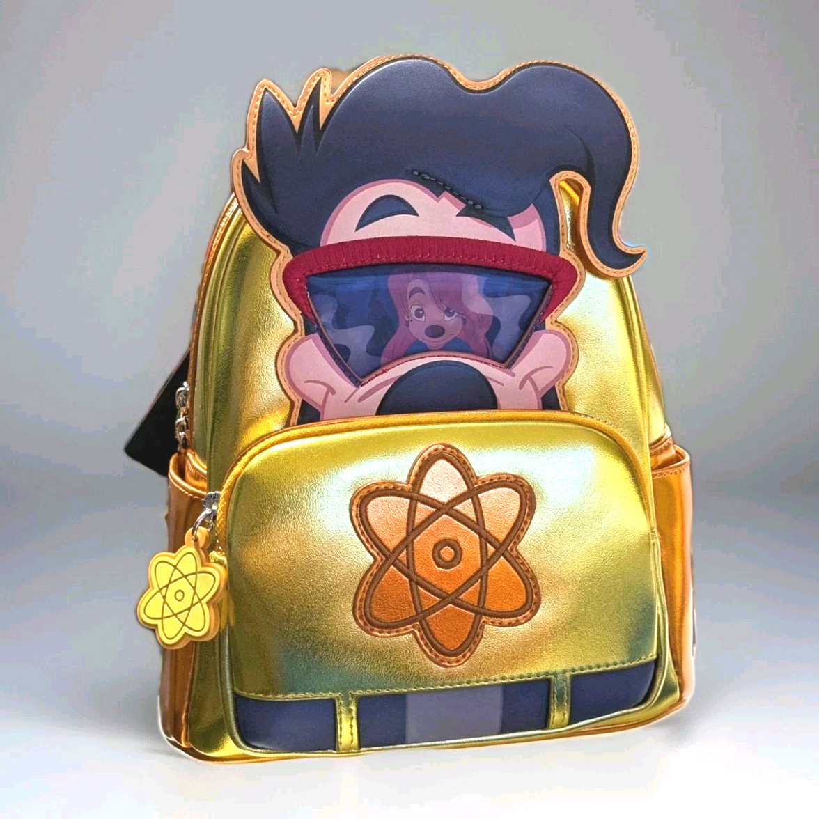 Loungefly mini backpack with metallic gold finish featuring Max Powerline character and atomic symbol applique on front pocket