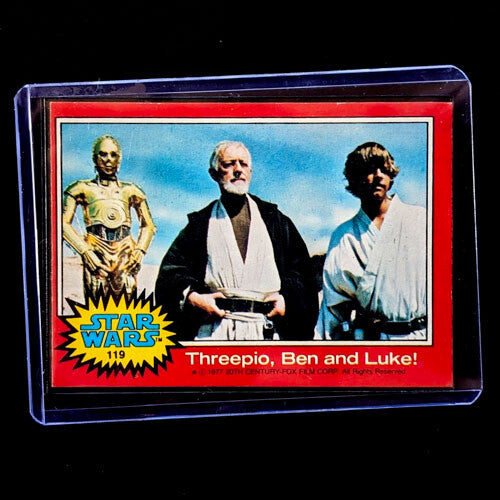 1977 Topps Star Wars trading card featuring Threepio, Ben, and Luke from Go Figment vintage collection