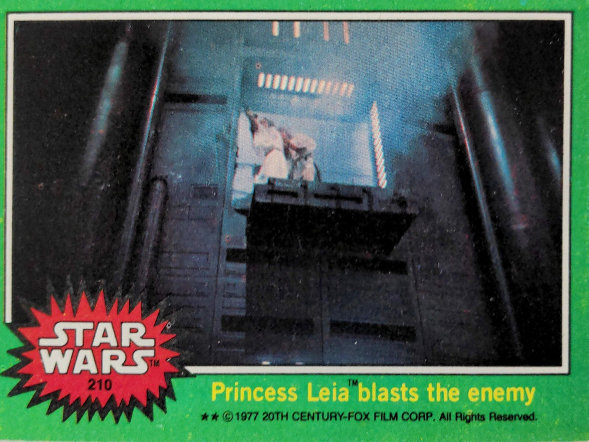 1977 Topps Star Wars trading card showing Princess Leia in action, vintage collectible from Go Figment Green Series 4