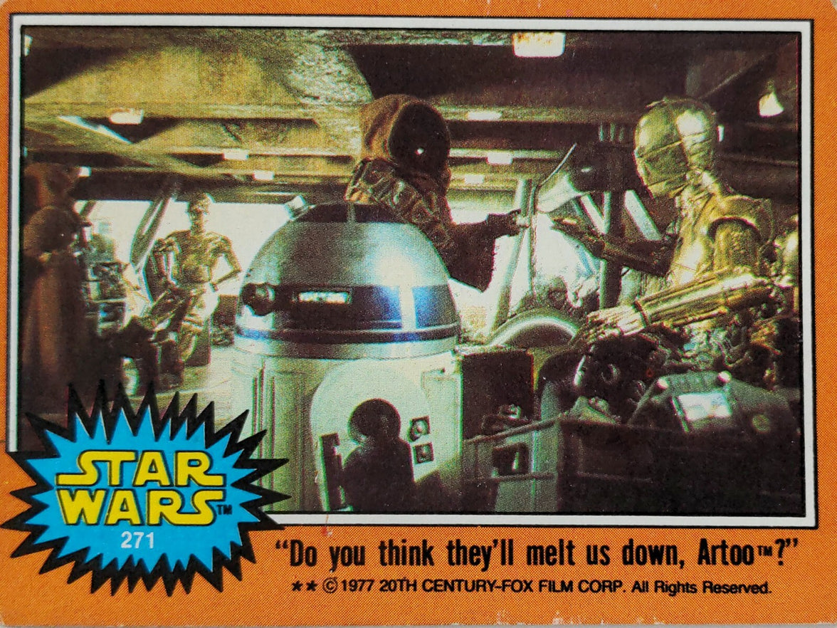 1977 TOPPS Star Wars trading card by Go Figment featuring droids R2-D2 and C-3PO inside a spaceship scene