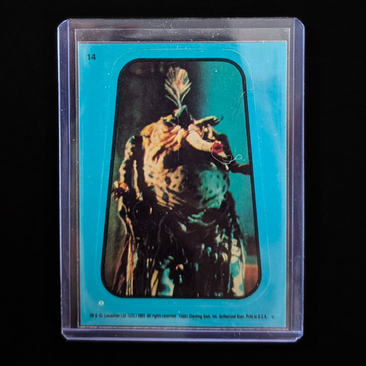 1983 Topps Return of the Jedi sticker card in protective case by Go Figment with blue border and character image