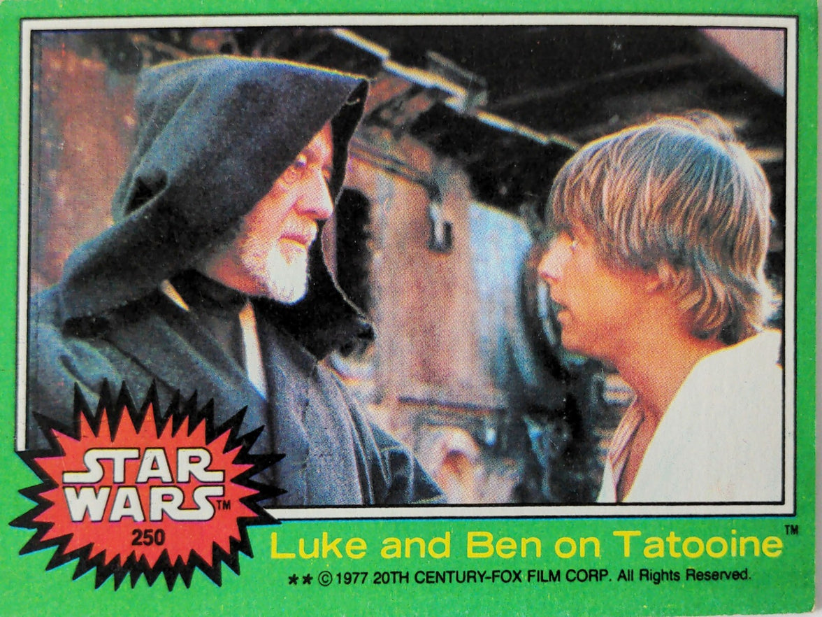 1977 Star Wars trading card featuring Luke Skywalker and Ben Kenobi on Tatooine from Go Figment collection