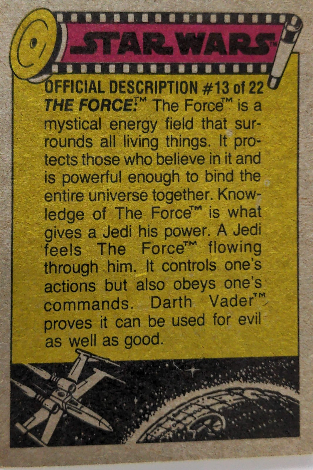 Vintage Star Wars card Official Description #13 of 22 explaining The Force with space illustration at bottom