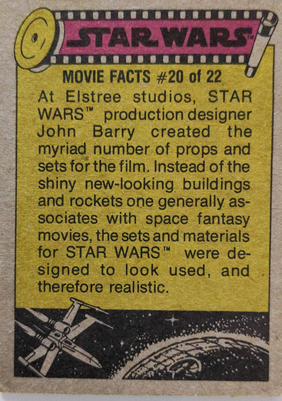 Vintage 1977 Star Wars trading card with movie fact about production designer John Barry from Go Figment collection