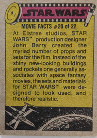 Vintage 1977 Star Wars trading card with movie fact about production designer John Barry from Go Figment collection